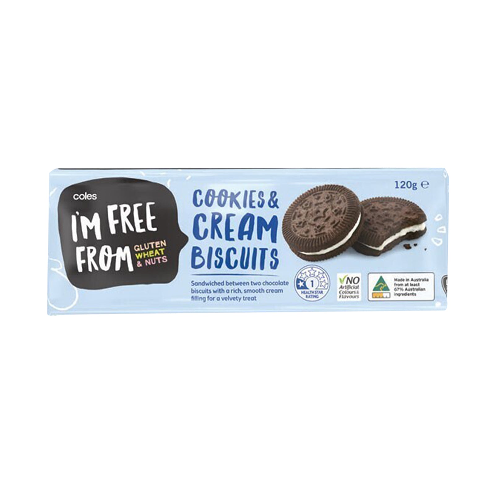 Coles I'm Free From Gluten, Wheat and Nuts Cookies and Cream Biscuits