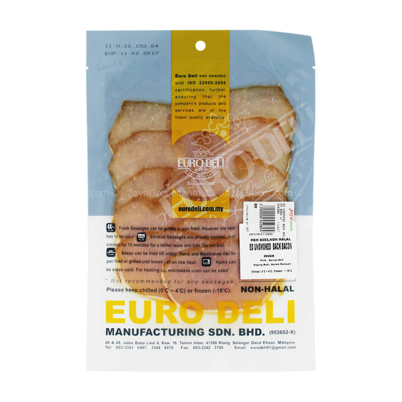 [NON-HALAL] Euro Deli Unsmoked Back Bacon Slices 200g