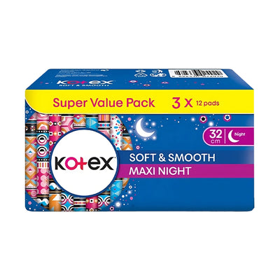 Kotex Soft and Smooth Overnight Wings Pads 32cm 12sheets x 3