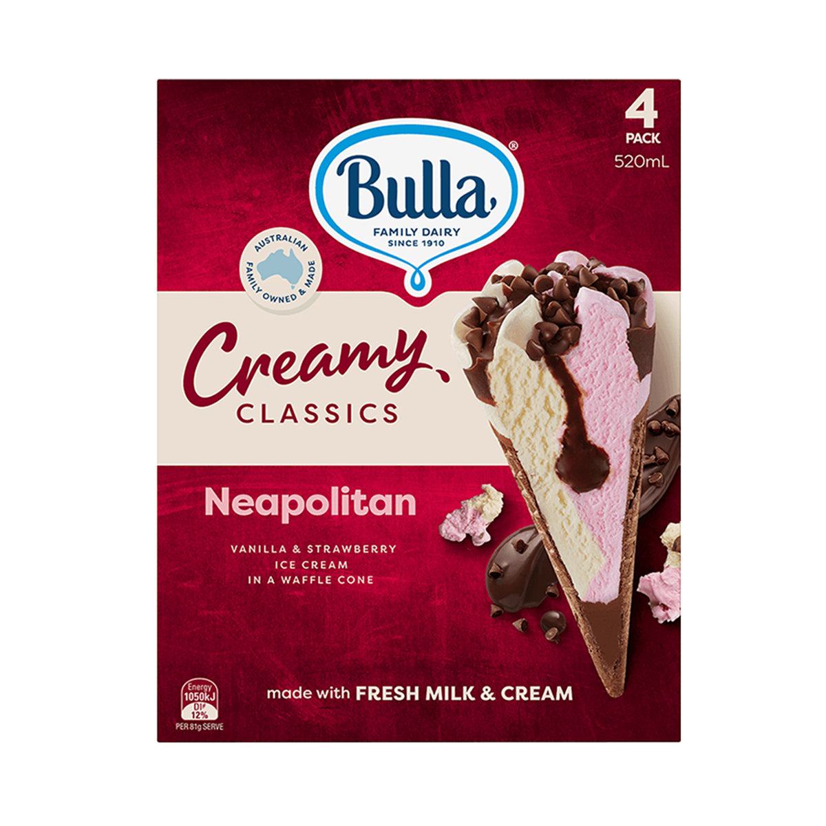 Bulla Creamy Classics Neapolitan Cones 4pcs/pack