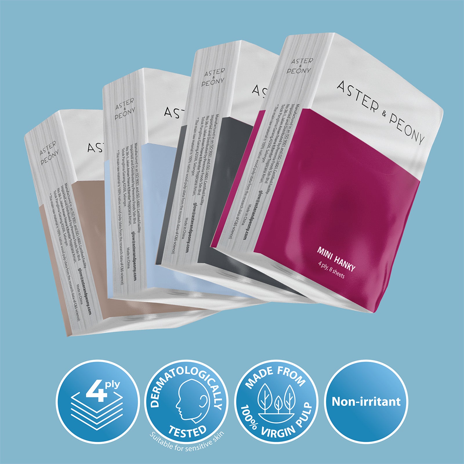 Aster & Peony Mini Hanky Tissue 4 ply 8 sheets x 12
