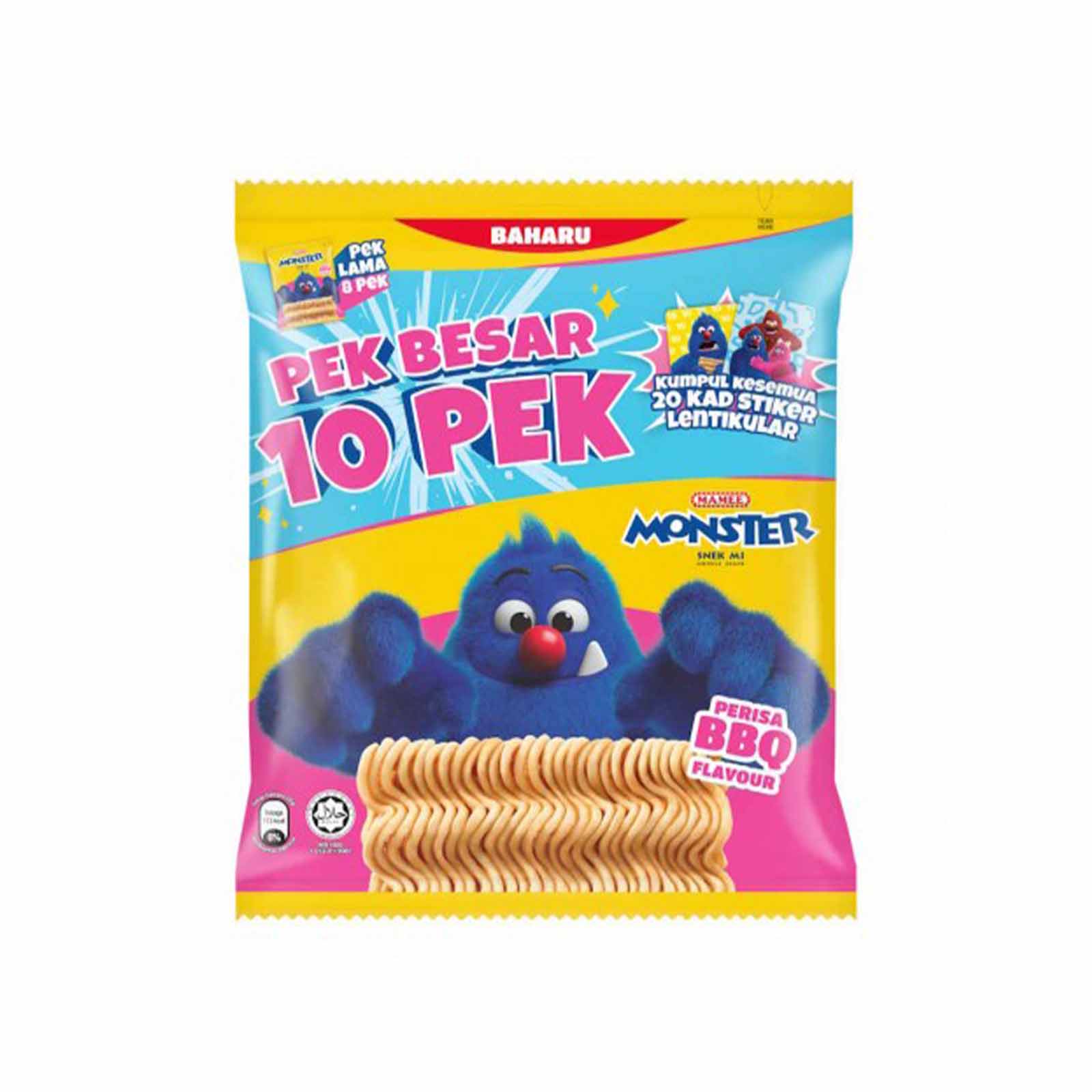 Mamee Monster Noodle Snacks BBQ Flavour Family Pack 25g x 10
