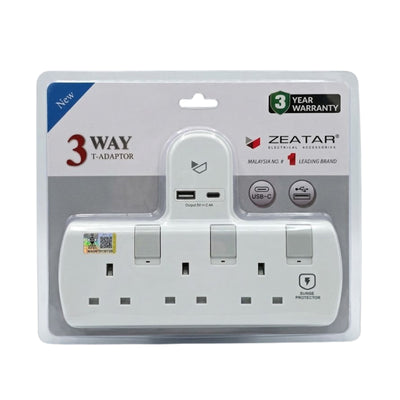 Zeatar T-Adaptor with USB 2.4A + Type C Surge Protector 1unit
