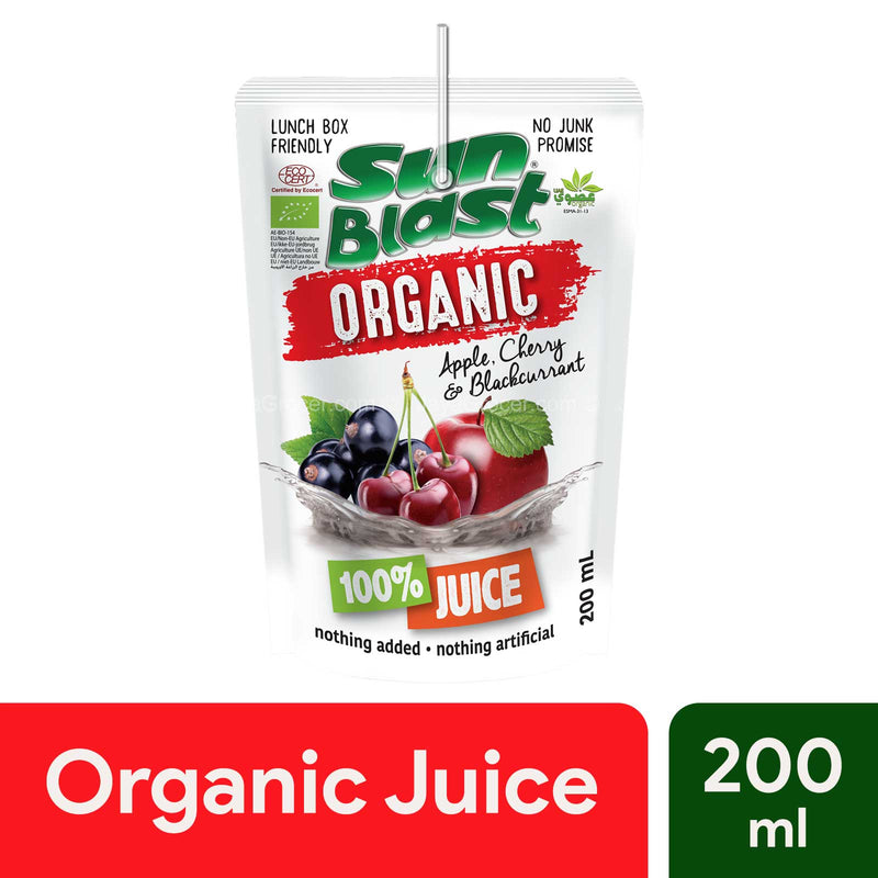 Sun Blast Organic 100% Juice Apple, Cherry and Blackcurrant 200ml