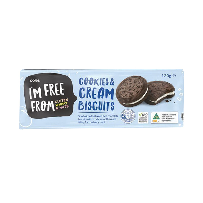 Coles I'm Free From Gluten, Wheat and Nuts Cookies and Cream Biscuits 120g